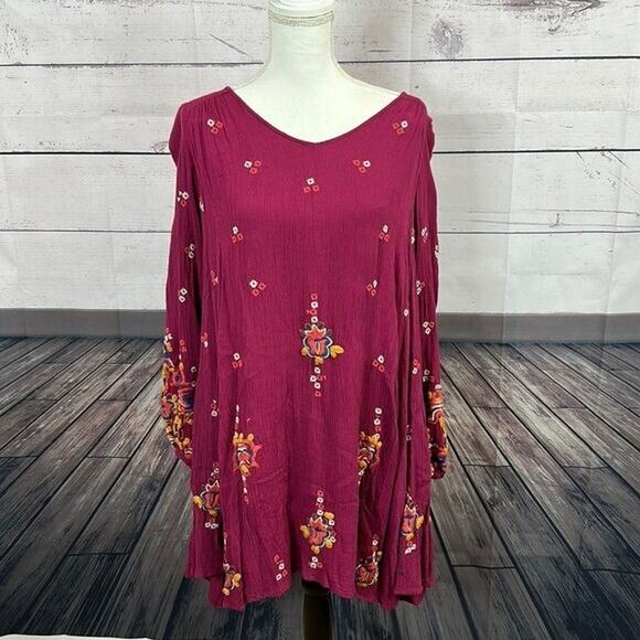 Free People Mini Dress Womens XS Purple Oversized Embroidered Boho Tunic Floral - Picture 1 of 13
